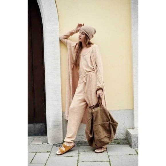Free People Pants - Free People FP Beach Bicoastal Set Taupe Size S Jumpsuit & Duster Cardigan NEW